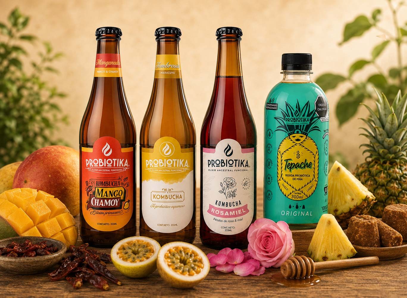 Selección de kombucha y tepache Probiotika con ingredientes reales